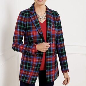 Talbots Open Front Blazer Log Fire Plaid Sz 16 Tartan Wool Blend Academia Office